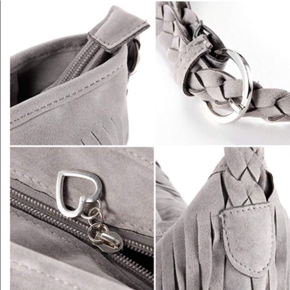 Grey Fringe Faux Suede Messenger Bag - Picture 3 of 4